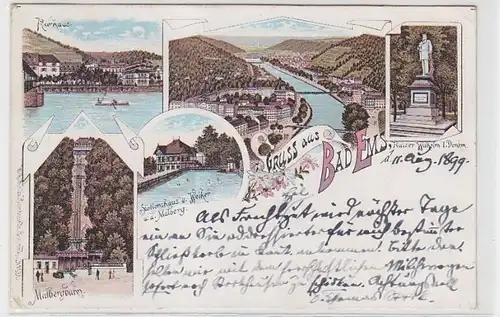 63887 Ak Lithographie Gruss de Bad Ems Kurhaus, Malbergbahn, etc. 1899