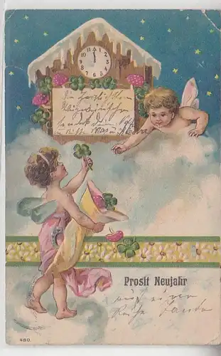 63847 Prosit Neujahr Prosit Ak Zwei Engel mit Uhr und Fliegenpilzen um 1900