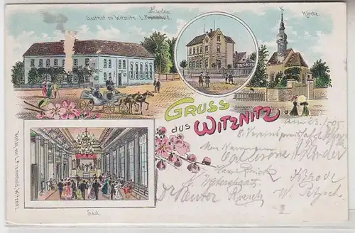 63846 Ak Lithographie Gruss aus Witznitz Gasthof, Kirche, Schule 1905