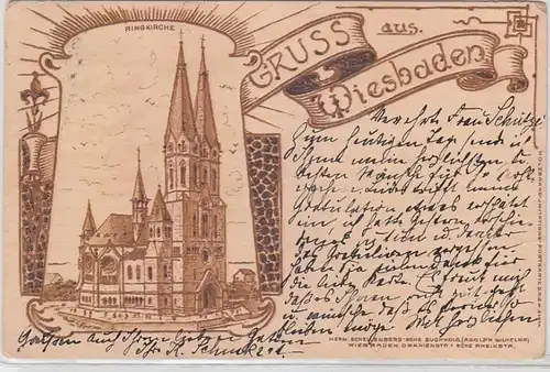 63784 Holzimitat Ak Gruß aus Wiesbaden Ringkirche 1906