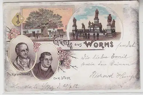 63777 Ak Lithographie Gruß aus Worms Lutherbaum und Lutherdenkmal 1902
