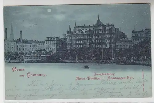 63770 Mondscheinkarte Gruß aus Hamburg Jungfernstieg und Hamburger Hof 1898
