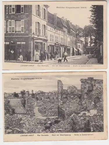 63732/2 Ak Longwy Haut Rue Gambetta vor und nach der Beschießung um 1916