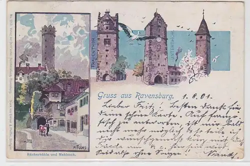 62666 Ak Lithografie Gruss aus Ravensburg Räuberhöhle und Mehlsack 1901