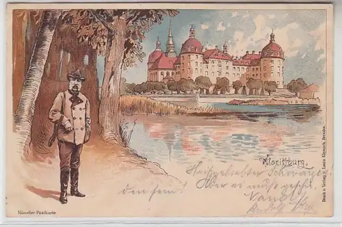 62655 Künstler Postkarte Sachsen König vor Schloss Moritzburg 1898