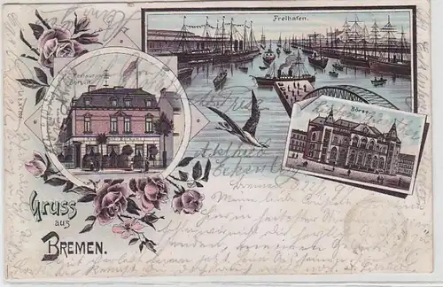 63676 Ak Lithographie Salutation de Bremen Restaurant "Borkum," Freihafen, Bourse 1899