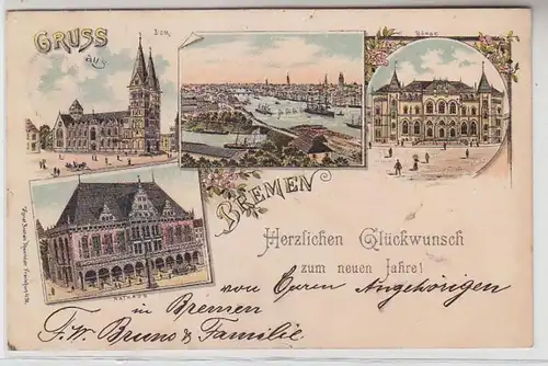 63674 Ak Lithographie Salutation de Bremen Dom, Bourse, Hôtel de ville, vue totale 1907