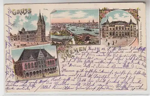 63673 Ak Lithographie Salutation de Bremen Dom, Bourse, Hôtel de ville, vue totale 1902