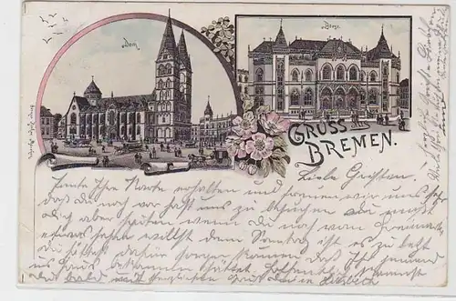 63668 Ak Lithographie Salutation de Bremen Dom et Bourse 1897