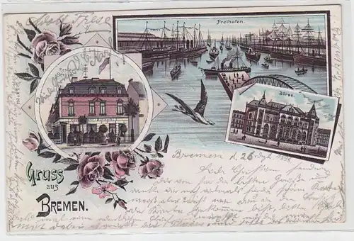 63666 Ak Lithographie Gruß aus Bremen Restaurant "Borkum", Freihafen, Börse 1898