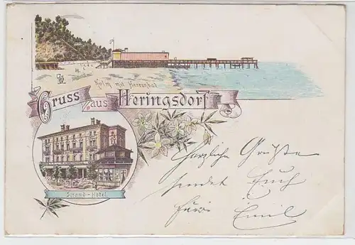 63627 Ak Lithographie Salutation de Heringsdorf Herrenbad et plage Hotel 1899