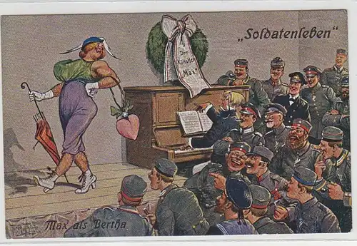 63593 Arthur Thiele Humor Ak "Soldatenleben" Max als Bertha um 1915
