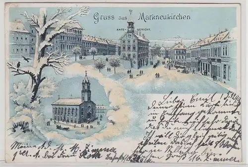 63565 Ak Lithographie Gruß aus Markneukirchen Amtsgericht, Kirche im Schnee 1899