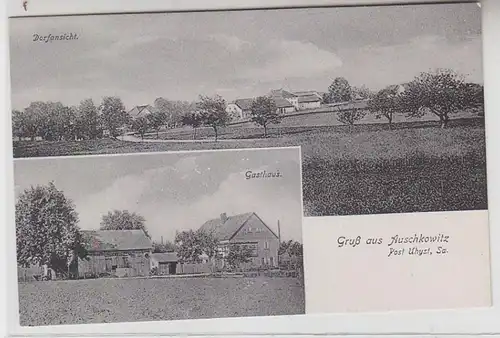 63558 Mehrbild Ak Gruß aus Auschkowitz Gasthaus und Dorfansicht um 1910