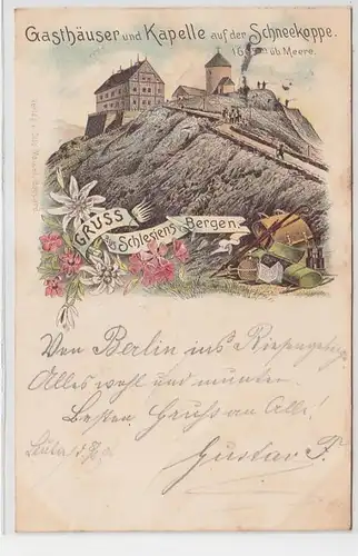 62508 Ak Lithographie Salutation de Silésie Bergen Auberges a.d. Neigekoppe1896