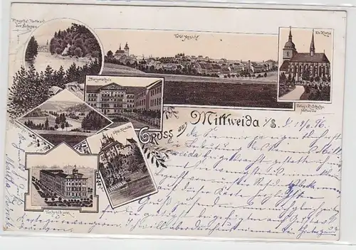 62504 Ak Lithographie Gruß aus Mittweida Bürgerschule usw. 1896