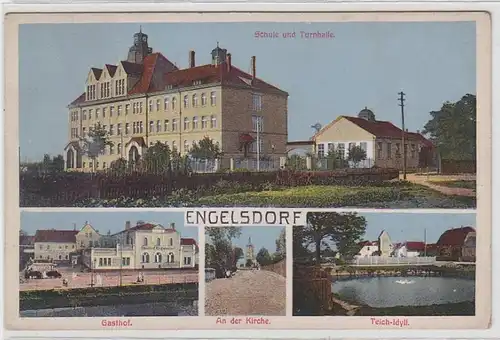 62412 Mehrbild Ak Engelsdorf Schule, Turnhalle, Gasthof, Kirche, Teichidyll 1914