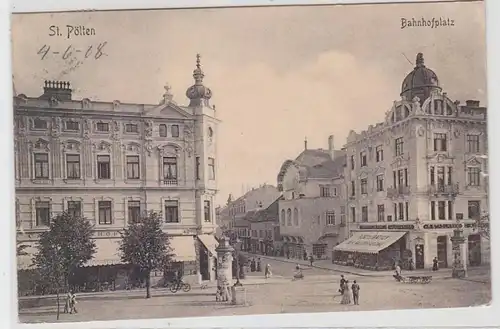 62325 Ak St. Pölten Bahnhofplatz mit Restaurant Kaiserkrone u.a. Geschäften 1908