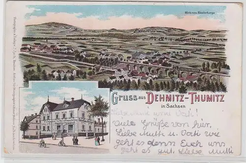 62009 Ak Lithographie Gruß aus Dehmitz Thumitz Totalansicht, Klempnerei um 1900