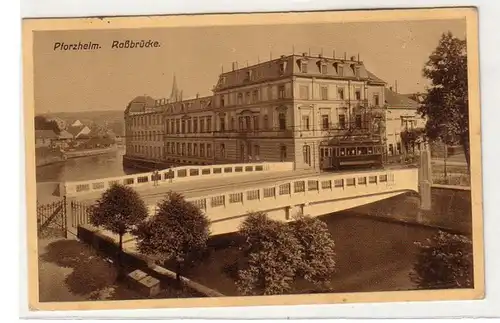 61923 Ak Pforzheim Roßbrücke mit Stratnbahn 1914
