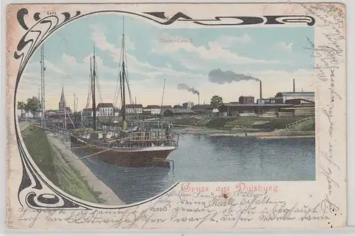 61574 Ak Gruß aus Duisburg Rhein Canal mit Schiff 1907