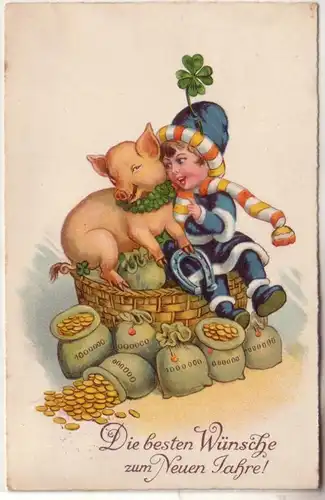 61492 Neujahrs Ak Kind und Glücksschwein auf Geldsäcken 1938