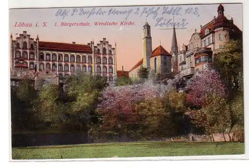 61451 Feldpost Ak Löbau I. Bürgerschule, Wendische Kirche 1917