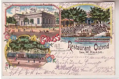 61315 Ak Lithographie Gruß aus Restaurant Ostend bei Nieder Schöneweide 1899
