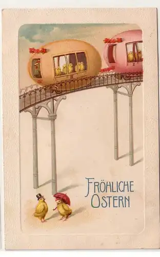 61226 Fröhliche Ostern Ak Küken in der Hochbahn aus Ostereiern 1916