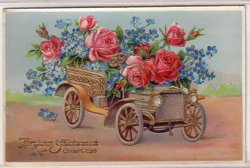 61224 or en relief Félicitations Ak avec la voiture décorée en fleurs 1941