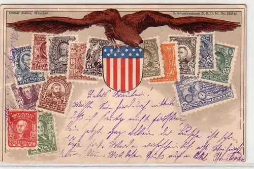 61218 Wappen Ak Lithographie die Briefmarken der USA 1904