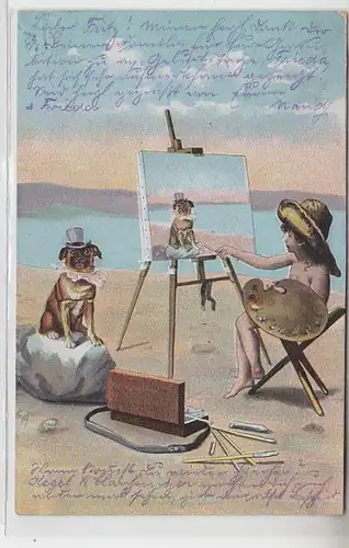 63255 Humour Ak enfant sur la plage peint chien en costume 1903