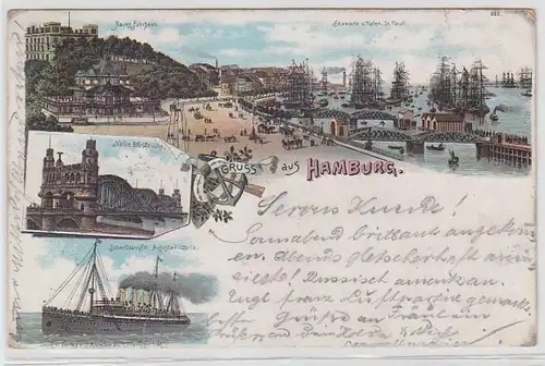 63237 Ak Lithographie Gruss de Hambourg Ferryhaus Seewert Elbbrücke etc 1898