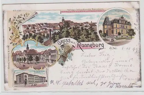 63233 Ak Lithographie Gruss aus Ronneburg Postamt, neue Schule, Rathaus 1899