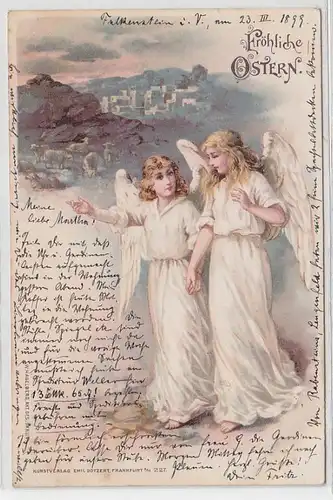 63218 Fröhliche Ostern Ak 2 Engel vor biblischer Landschaft 1899