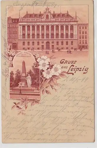 63182 Ak Gruss aus Leipzig Grassi-Museum und Grassi-Denkmal 1899