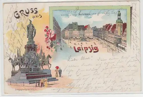 63176 Ak Lithographie Gruß aus Leipzig Marktplatz, Siegesdenkmal 1899