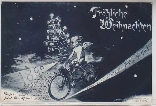 63132 Fröhliche Weihnachten Ak Kind mit Tannenbaum auf Fahrrad 1898