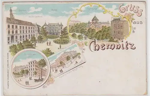 63081 Ak Lithographie Gruß aus Chemnitz mit Synagoge um 1900