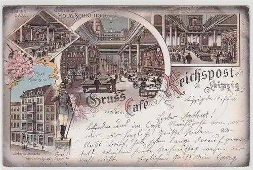 63058 Ak Lithographie Gruß aus dem Café Reichspost Leipzig 1898