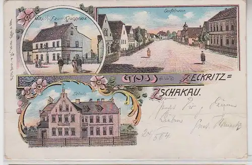 62921 Ak Lithografie Gruss aus Zeckritz-Zschakau Gasthof zum Kronprinz usw. 1904