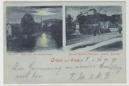 62904 Carte de la lune Salutations en Greiz Elsterbrücke und Schloss 1899