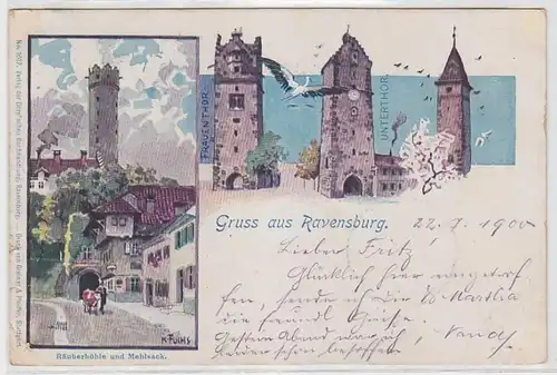 62777 Ak Gruß aus Ravensburg Räuberhöhle und Mehlsack, Frauen- & Unterthor 1900