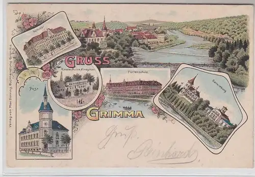 62747 Ak Lithographie Gruß aus Grimma Post, Seminar, Fürstenschule usw. 1905