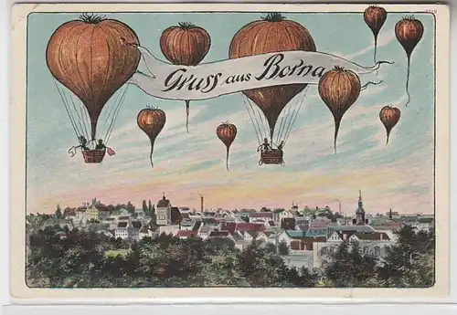 62716 Ak Gruß aus Borna Totalansicht mit Zwiebel Ballons über der Stadt 1911
