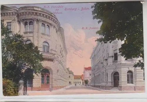 62685 Ak Rumburg in Böhmen K.K. Fachschule für Weberei & K.K. Postamt 1915