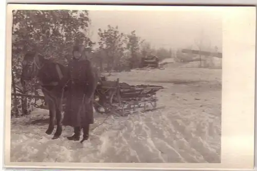 61107 Photo Ak Leski Pologne Carpathes Soldat avec traîneau de cheval dans la 2ème guerre mondiale