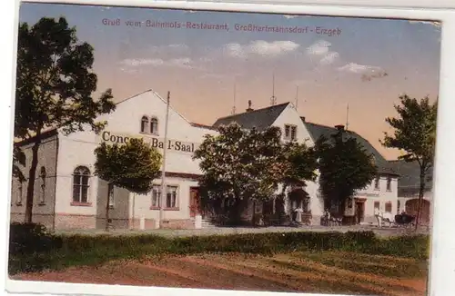 60817 Ak Gruß vom Bahnhofsrestaurant Großhartmannsdorf Erzgebirge um 1920