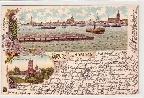 60740 Ak Lithographie Gruß aus Rostock Totalansicht und Kröpeliner Thor 1898