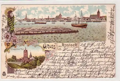 60740 Ak Lithographie Salutation de Rostock Vue totale et Cropeliner Thor 1898
